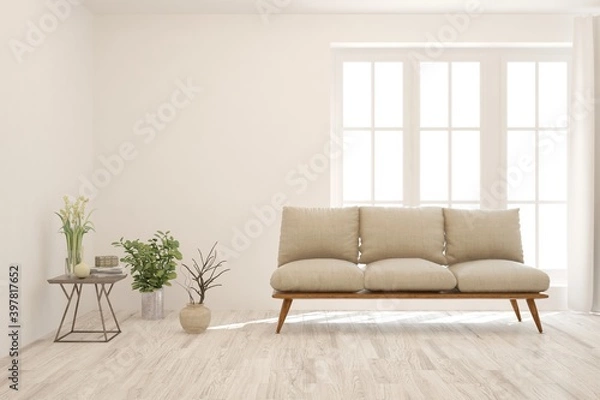 Fototapeta White living room with sofa. Scandinavian interior design. 3D illustration
