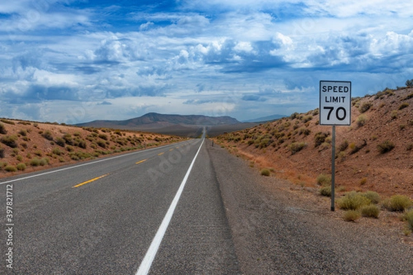 Fototapeta View of the US route 50 (known as the Loneliest Road in America) in the State of Nevada, USA. Concept for travel in America and road trip.