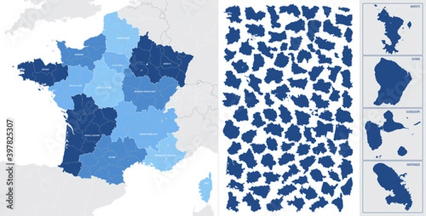 Obraz Detailed, vector, blue map of France with administrative divisions into regions and departments, metropolis and overseas territories of the country