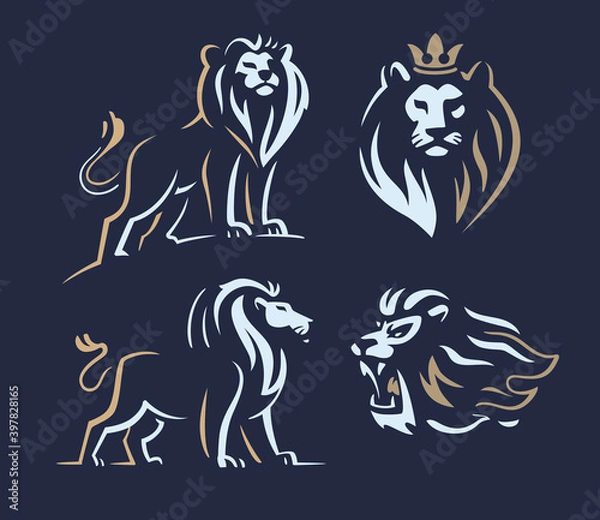 Fototapeta four lion logos with two color on dark background