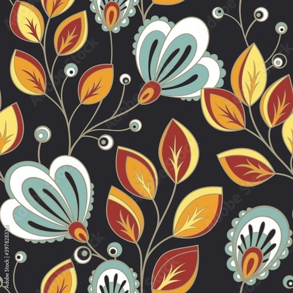 Fototapeta Seamless Pattern with Abstract Flowers and Leaves. Endless Texture with Floral Motifs. Nature Inspired Abstract Elements. Fabric Textile, Wrapping Paper, Wallpaper. Vector Contour Illustration