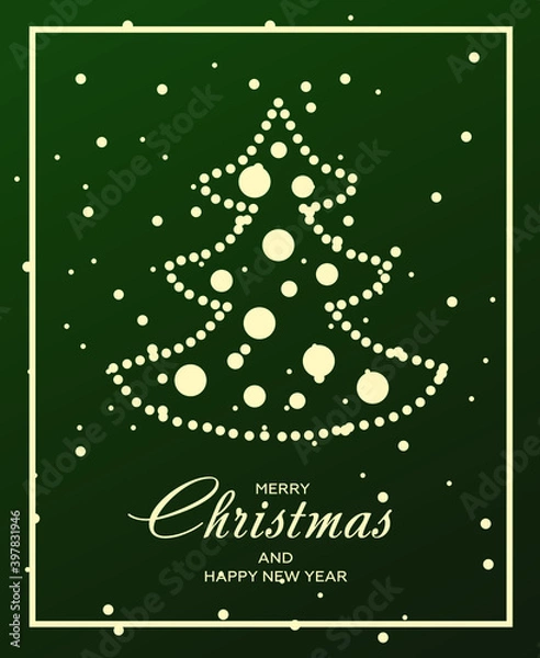 Fototapeta Merry Christmas and Happy New Year. Gold Christmas tree with garlands and balls on a green glittering background. Merry Christmas postcard and invitation. Vector illustration