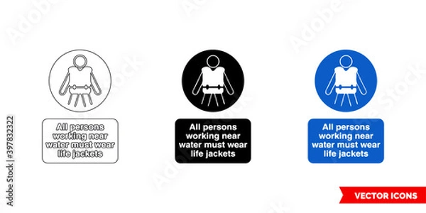 Fototapeta All persons working near water wear life jackets icon of 3 types color, black and white, outline. Isolated vector sign symbol.
