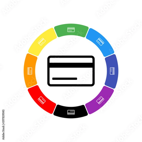 Fototapeta A large black credit card symbol in the center, surrounded by eight white symbols on a colored background. Background of seven rainbow colors and black. Vector illustration on white background