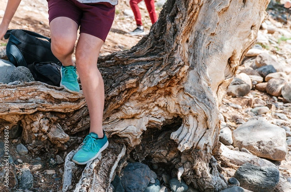 Obraz Young Tourist Girl and Summer Sandy Hills Landscape. Travel Mountain location of Popular Attraction. View of beautiful nature Desert