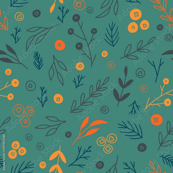 Fototapeta Floral hand drawn vector seamless pattern. Abstract background with branches, berry, plants. Colorful wallpaper in doodles style. Simple botanical design for print, wrap, card, textile, fabric, decor.