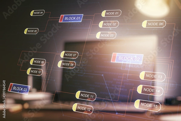 Fototapeta Double exposure of abstract creative programming illustration on computer background, big data and blockchain concept