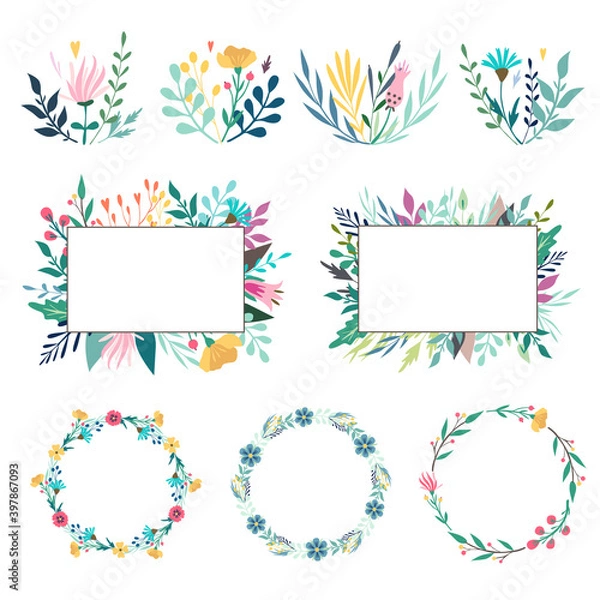 Fototapeta Set of spring floral design elements. Compositions, frames, wreaths. Wild flowers, leaves, berries, bouquet. Vector illustration isolated on white background. For banner, poster, card, invitation.