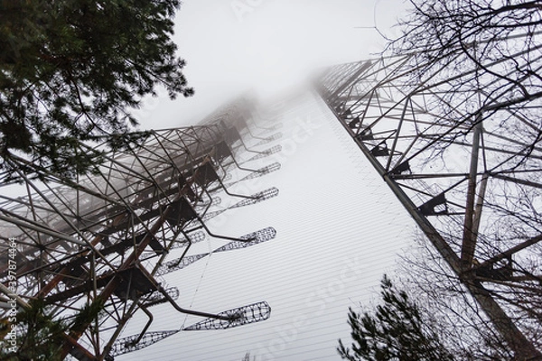 Obraz Soviet radar Duga in foggy weather. Russian woodpecker - over-the-horizon radar station near Chernobyl
