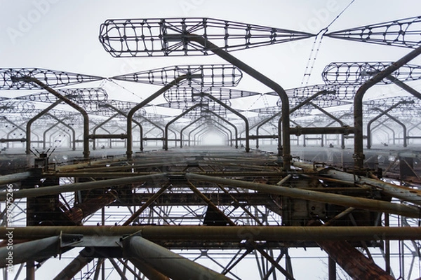 Obraz Soviet radar Duga in foggy weather. Russian woodpecker - over-the-horizon radar station near Chernobyl