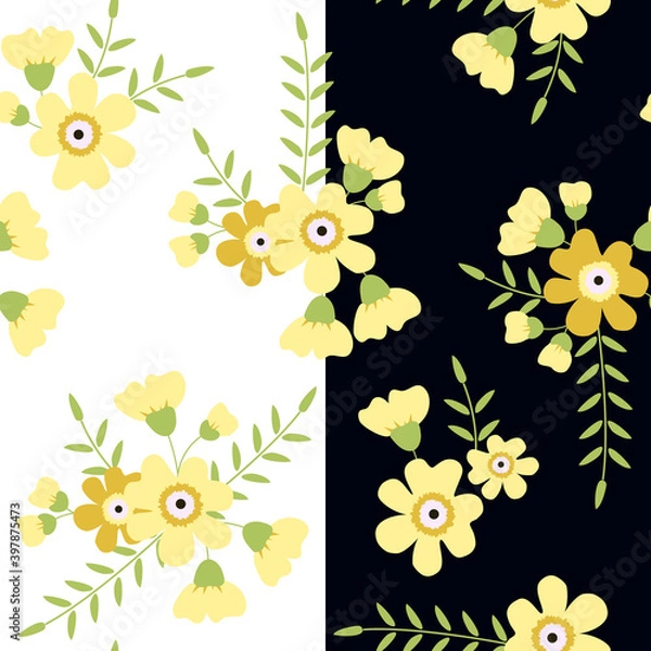 Obraz Pattern set with yellow flowers, Light and dark background pattern set, Pattern set, Spring flower pattern, black and white background with flowers