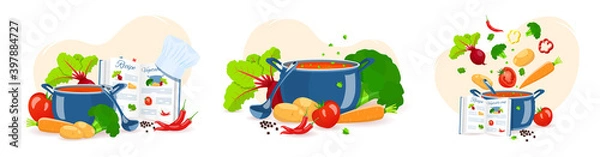 Obraz Set of cooking soup. Pan with soup, Recipe book and Vegetables. Recipes, homemade food, food preparation, learning concept. Vector illustration for flyer, poster, banner.