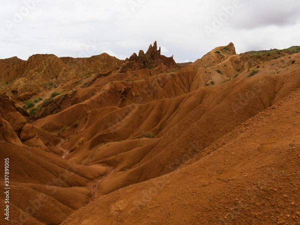 Fototapeta panorama of the Skazka canyon on the shore of the Issyk Kul mountain lake.  Kyrgyzstan