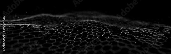 Fototapeta Futuristic black hexagon background. Futuristic honeycomb concept. Wave of particles. 3D rendering.