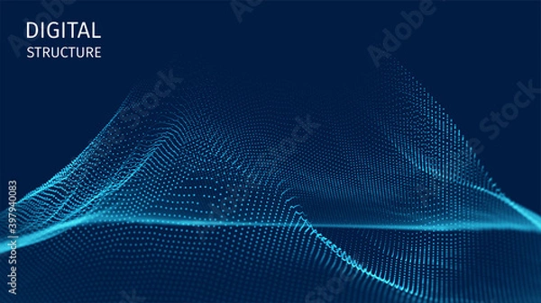 Obraz Particles structure backdrop for research article. HUD elements. Blockchain, artificial intelligence, big data technology. Data base, hybrid energy and binary code. Vector illustration