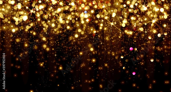 Fototapeta Falling Golden bokeh particles and stars on a black background, happy new year holiday concept