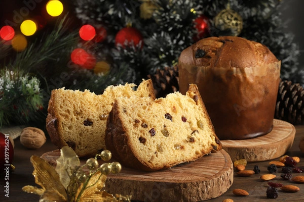 Fototapeta Delicious slice of Panettone with candied fruit