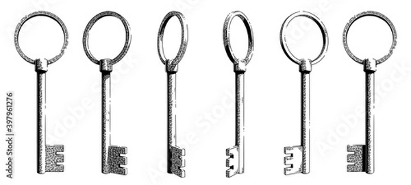 Fototapeta Sketch of a vintage key from various angles