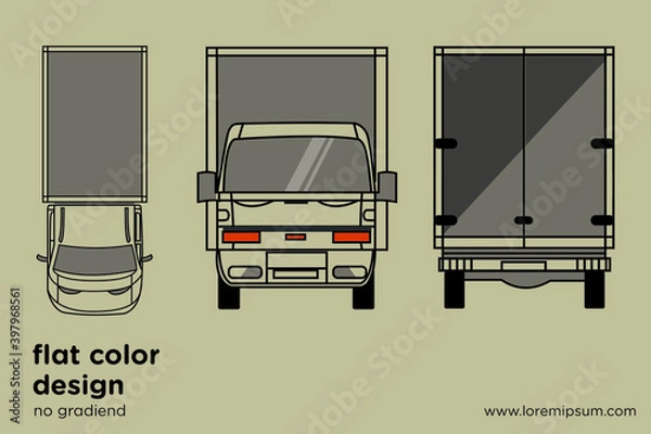 Fototapeta Vector small truck front view back view and side view. Cargo delivery. Solid and Flat color design. Truck car for transportation. Corporate identity.