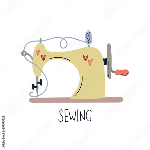 Fototapeta Needlework and handmade concept. Retro sewing machine with manual drive. Logo for a sewing workshop. Illustration hand drawing in flat style. Isolated on a white background. 