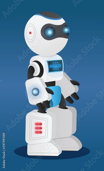 Obraz White robot vector illustration standing full length on blue background. Science machine in human body form with electronic computer control. Cyborg character alien humanoid with luminous elements