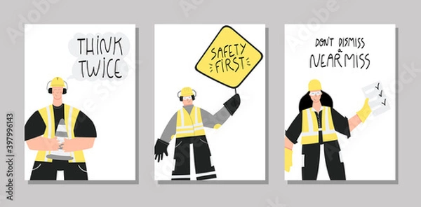 Fototapeta Collection of hand drawn posters with lettering about health and safety on production and construction industries. Set of posters - safety first, stay safe, live safe, think twice. Safety first quotes
