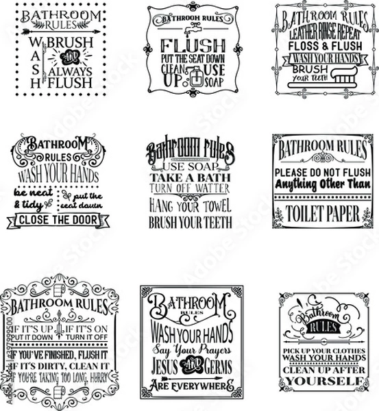 Obraz Bathroom Rules Quotes Bundle vector Illustration