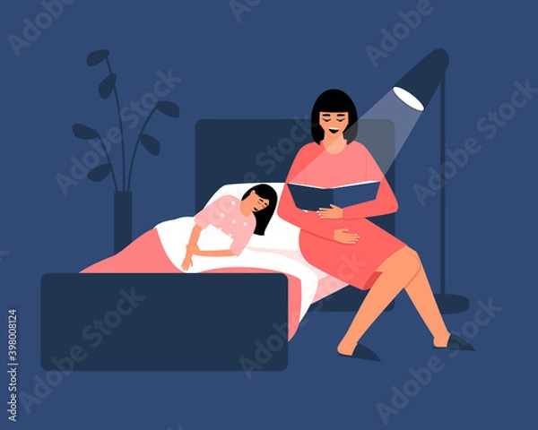 Fototapeta Mom reads a bedtime story to her sleeping daughter. Repetition of lessons before bedtime. Family leisure in the evening. The girl is sleeping in the bed. Flat vector illustration.