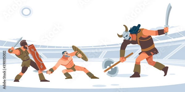 Fototapeta Two gladiators against the giant monster in the arena. White isolated background. Vector flat style