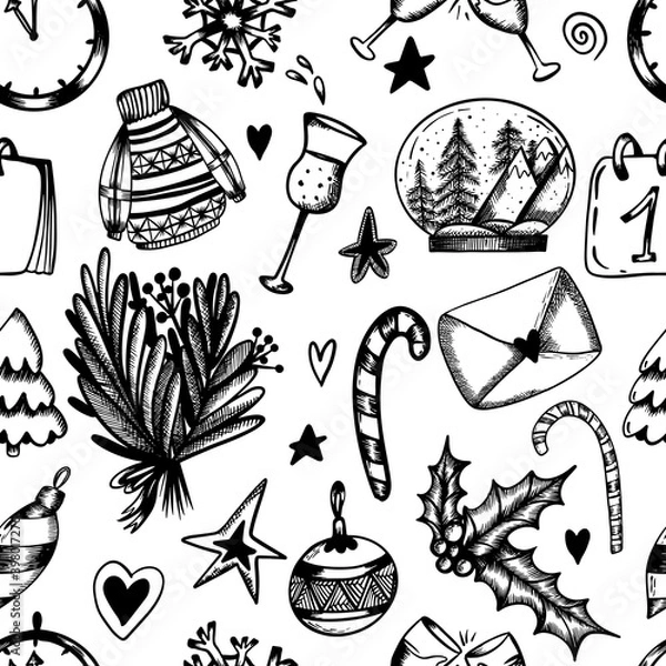 Obraz Christmas seamless pattern on a white background. Christmas print in hand draw style. Sweater, calendar, lollipop, champagne, tree, bouquet, snow globe. Vector illustration.