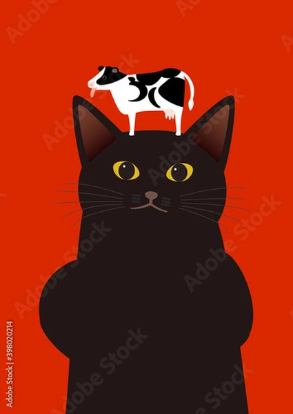 Fototapeta 牛を頭の上に乗せる黒猫　丑年