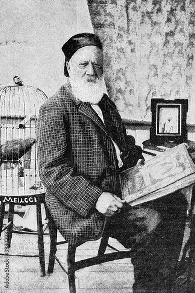 Obraz Antonio Meucci. Italian inventor, inventing a telephone-like device. 1808-1889. Antique illustration. 1899.
