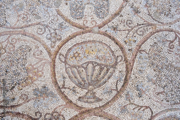 Fototapeta Fragment of Mosaic floor of a Byzantine church. Khirbet Beit Lei or Beth Loya at Judean lowlands