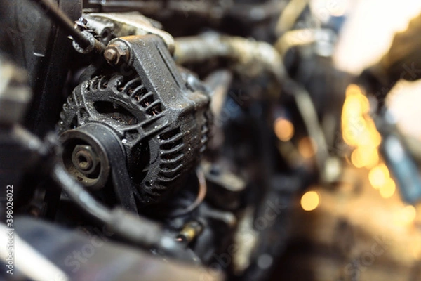 Fototapeta old car generator, power system concept.