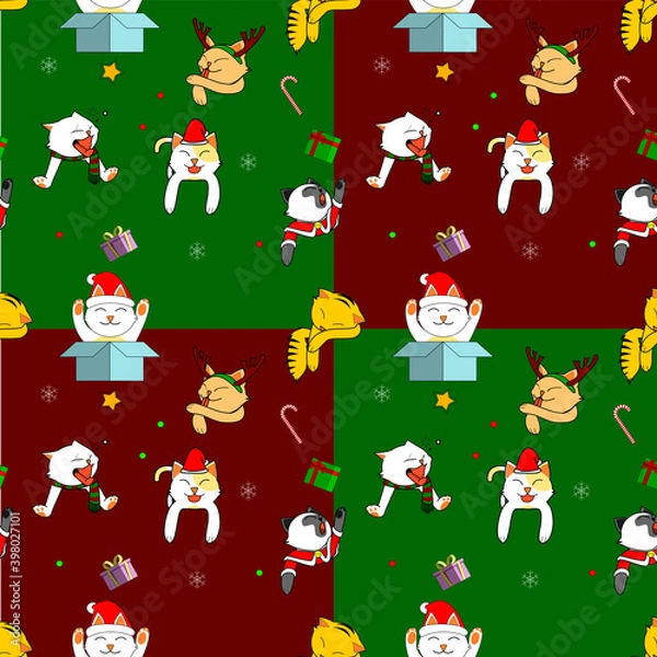 Fototapeta Cats spreading many kinds of emotion with Christmas theme. Seamless pattern. Vector Illustration