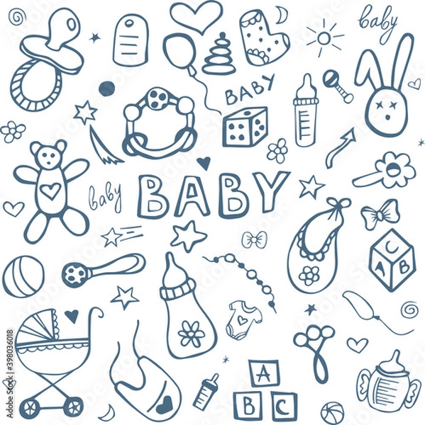 Obraz Set hand drawn sketch drawings for children's toys. Doodle set of objects from a child's life, black and white outline. Vector illustration of children's toys.