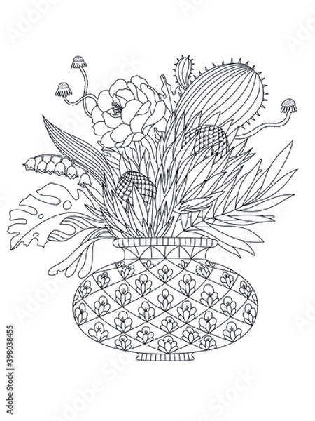 Fototapeta Vector outline illustration for antistress coloring book. A Vase with flower bouquet.