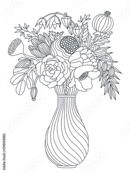 Fototapeta Vector outline illustration for antistress coloring book. A Vase with flower bouquet.