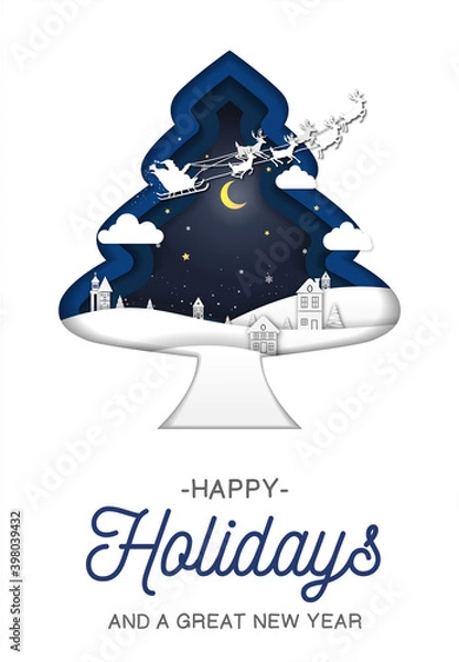 Fototapeta Merry Christmas Happy New Year papercut greeting card illustration collection of 3d paper craft winter Forest and tree snow and santa claus riding reindeer sled. Happy Holiday season with text quote. 