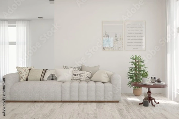 Fototapeta White living room with sofa. Scandinavian interior design. 3D illustration