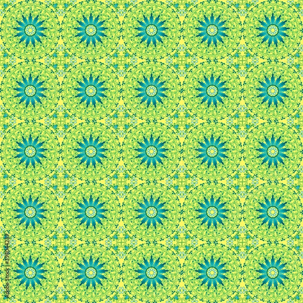 Fototapeta abstract green blue yellow background circles retro textile print 
