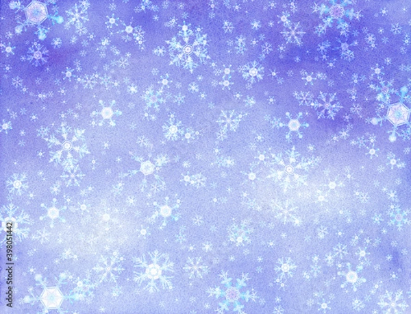 Fototapeta 雪の結晶のパターン背景。水彩イラスト。