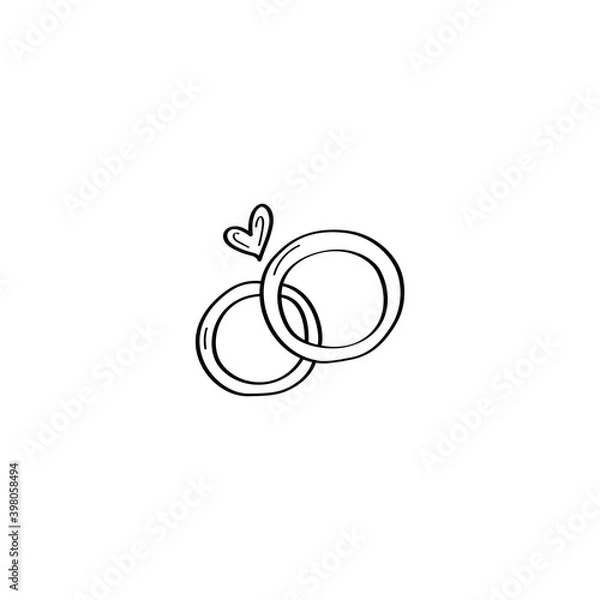 Fototapeta A hand-drawn pair of wedding rings. Wedding rings Doodle illustration. Vector design element for greeting cards, wedding invitations, and Valentines Day. Black outline isolated on a white background