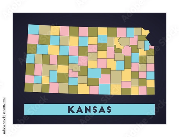 Fototapeta Kansas map. US state poster with regions. Shape of Kansas with US state name. Radiant vector illustration.