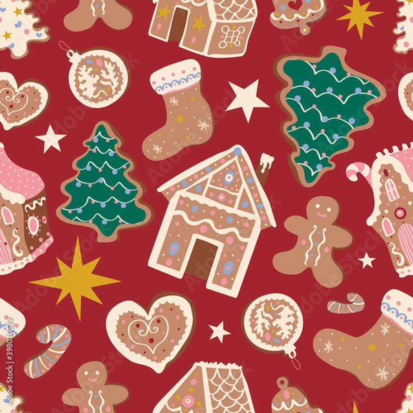 Fototapeta Cute Christmas vector seamless pattern with gingerbread houses and cookies on red background. Winter holidays, sweet, for kids, festive, Christmas treats, cookies, new year, Christmas market
