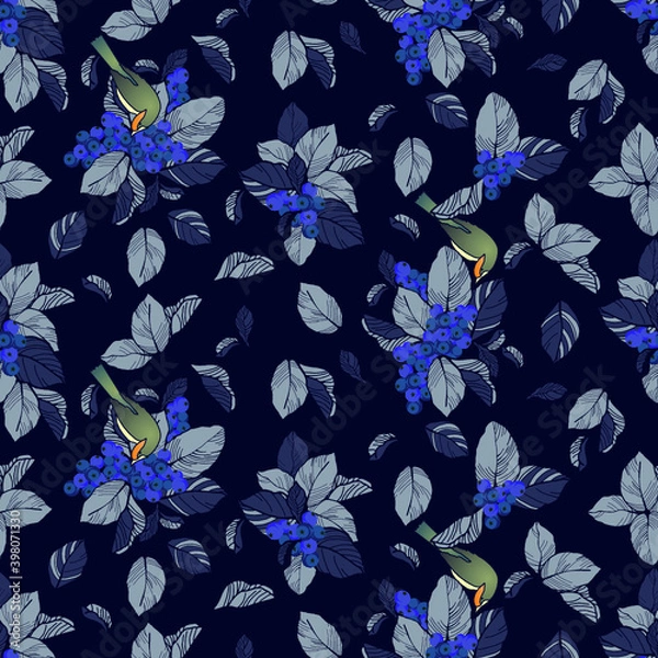 Fototapeta seamless birds and berries pattern