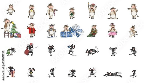 Fototapeta cows bulls and mice with rats in character picture