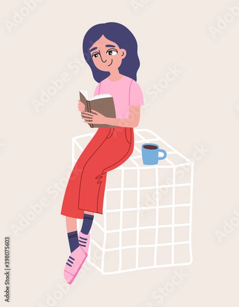 Fototapeta Hand-drawn vector illustration of girl reading a book in red pants with blue cup of tea isolated on beige background. Illustration in cartoon style. For greeting card and another print design.