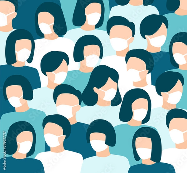 Fototapeta People crowd in white medical face mask. Concept of coronavirus quarantine vector illustration.