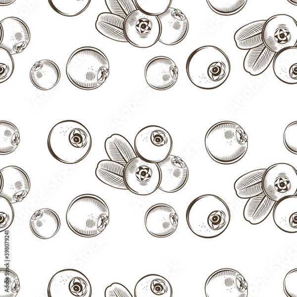 Fototapeta Black and white seamless pattern with cowberries in vintage style
